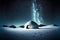Nighttime winter landscape and lonely standing snow igloo under illuminated sky