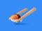 Nigiri. Japanese cuisine. Chopsticks holding sushi roll with salmon on blue background. Concept of susi, sushi