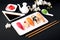 Nigiri with salmon, tuna, perch, eel, scallop, caviar, shrimp, sharp. Gunkan sushi set.