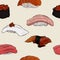 Nigiri set Ika, Ikura, Akami, Otoro, unagi seamless pattern vector