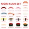 Nigiri sushi icon set. Japanese cuisine. Vector.