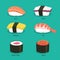 Nigiri Sushi icon set with names, Sake, Tako, Tamago, Ebi, Tekka Maki, Ikura, Japanese seafood, Vector Illustration.