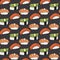 Nigiri sushi sketch. Seamless pattern with hand-drawn cartoon japanese food icon - sushi with fish and avocado. Vector