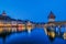 Nigth view of city center of Lucerne with famous Chapel Bridge and lake Lucerne Vierwaldstatersee, Canton of Lucerne,