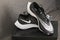 Nike running shoes, nike zoomx vaporfly next% white-black men`s running shoes on box in the store