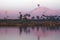 Nile river at sunrise with hot air balloons in Luxor, Egypt.