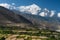 Nilgiri mountain peak behind Kagbeni village in Upper Mustang, Himalaya mountain range in Nepal