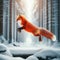 Nimble red fox hops and bounds over winter terrain