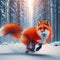 Nimble red fox hops and bounds over winter terrain