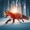 Nimble red fox hops and bounds over winter terrain