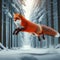 Nimble red fox hops and bounds over winter terrain