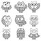 Nine amusing cartoon owl outlines