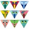 Nine amusing owl faces in triangle shapes