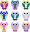 Nine brightly colored owls in identical poses. Icons. Vector illustration.