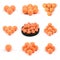 Nine Close up view of orange boilies, fishing baits for carp