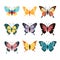 Nine colorful butterfly illustrations displayed against solid background. Collection features