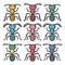 Nine colorful cartoon ants arranged 3 rows 3, variety colors, simplistic design. Hand drawn style