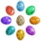 Nine Colorful Easter Eggs Decorated with Leaves Imprints Isolate