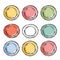 Nine colorful handdrawn circles, sketched texture, rings. Multicolored circles set, drawing