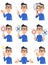 Nine different gestures and expressions of a man wearing glasses and wearing a blue shirt