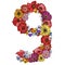 Nine digit made of different flowers. Floral element of colorful alphabet made from flowers. Vector illustration