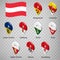 Nine flags the Provinces of Austria  - alphabetical order with name.  Set of 3d geolocation signs like flags Provinces of Austria.