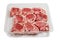 Nine fresh lamb chops on a plastic tray. Meat industry product. Butcher craft. Fresh meat on a bone uncooked. White background