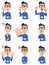 Nine kinds of gestures and facial expressions of a man wearing an employee ID card, glasses and a blue shirt