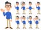 Nine kinds of gestures and facial expressions of a man wearing glasses and a blue shirt