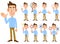 Nine kinds of gestures and facial expressions of a man wearing a light blue shirt