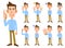 Nine kinds of gestures and facial expressions of a man wearing a light blue shirt