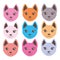 Nine multi-colored cats face. Design elements for baby