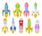 Nine multi-colored children rockets of different shapes. Vector illustration