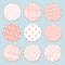 Nine pink white round patterned tapes for scrapbooking, Valentines day theme. Lines, squares, hearts, shaped patterns