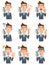 Nine poses of a man in a suit talking on a mobile phone