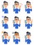 Nine poses of a man wearing glasses and a blue shirt talking on a mobile phone