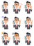 Nine poses of a man wearing glasses and a suit talking on a mobile phone