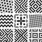 Nine seamless geometric regular patterns in black and white.
