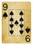 Nine of Spades Vintage playing card - isolated on white
