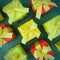 Nine square red, green, and yellow gift boxes on a green textured background, yellow in the middle. Aerial view.