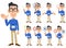 Nine types of gestures and facial expressions of a man wearing an employee ID card, glasses, and a blue shirt