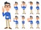 Nine types of gestures and facial expressions of a man wearing an employee ID card, glasses, and a blue shirt