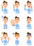 Nine types of gestures and facial expressions for the upper body of a man wearing a light blue shirt with an employee ID card