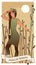 Nine of wands. Tarot cards. Young woman looking away, holding a wand surrounded by flowers and leaves; Eight sticks in the backgro