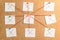 Nine white stickers for notes with x and v marks rewound on a ca