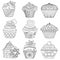 Nine zendoodle design of cupcakes isolated on white background design for both kids and adult coloring book page. Vector illustrat