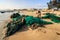 Ninh Thuan, Vietnam - Feb 22, 2014 : Fishermen is removing unusable fishing net at My Hiep beach in the afternoon