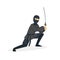 Ninja assassin character in a full black costume standing in a combat pose with katana sword, Japanese martial art