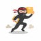 Ninja courier express delivery service mascot, man wear ninja costume carrying package to customer cartoon illustration vector iso