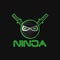 Ninja superhero mask logo for a sports team mascot, Japanese character warrior head with big green evil eyes and two katana swords